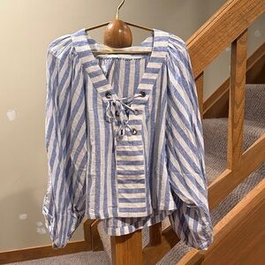 Anthropologie Blue and White Lace-Up Striped Peasant Top